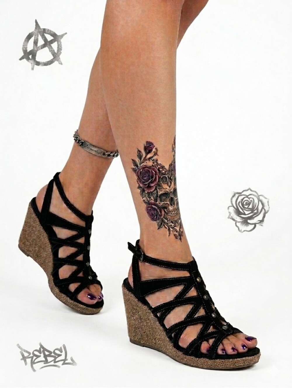 Black High Wedge Strappy Platform Sandals Metal Studs 37 US Size 7